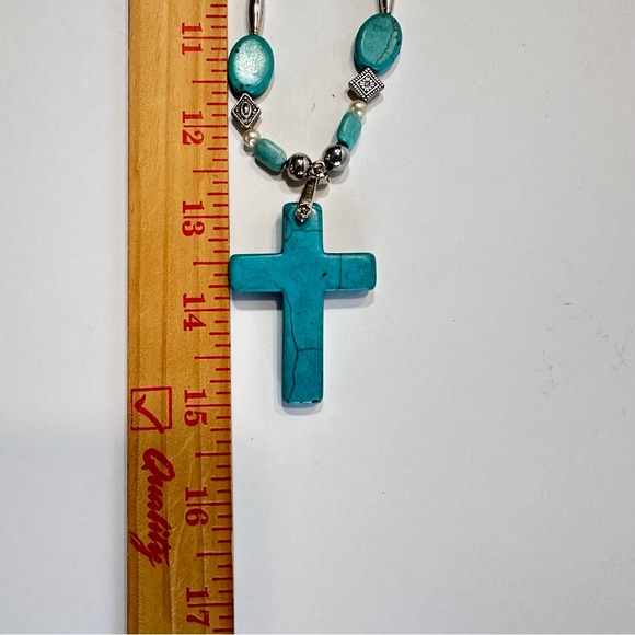 Turquoise Cross Statement Necklace Pearl & Faux Pearl Beaded Artisan Made - Picture 14 of 14
